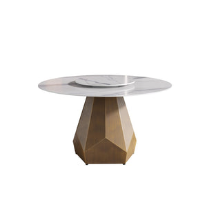 English Elm 53" Round Sintered Stone Dining Table Brass Base Lazy Susan Seats Six Modern W1535S00651
