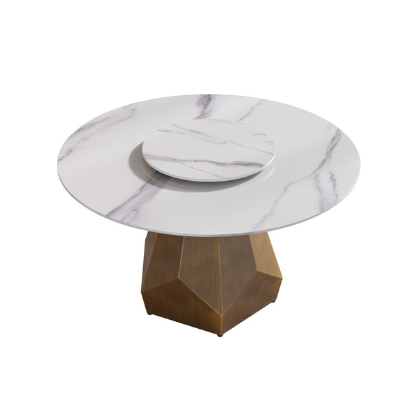 English Elm 53" Round Sintered Stone Dining Table Brass Base Lazy Susan Seats Six Modern W1535S00651
