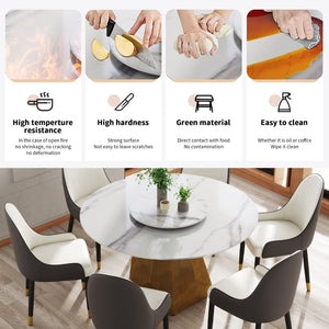 English Elm 53" Round Sintered Stone Dining Table Brass Base Lazy Susan Seats Six Modern W1535S00651