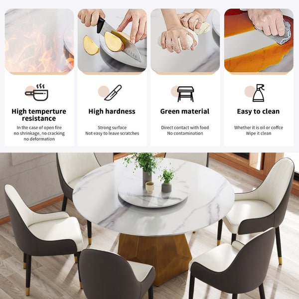 English Elm 53" Round Sintered Stone Dining Table Brass Base Lazy Susan Seats Six Modern W1535S00651
