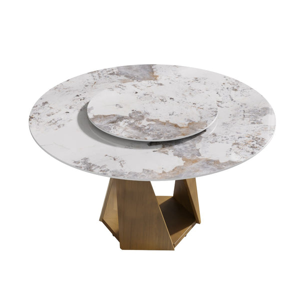 English Elm 59.05 Inch Round Sintered Stone Dining Table with Bronze Iron Pedestal Base and Lazy Susan Dining Table Only W1535S00652
