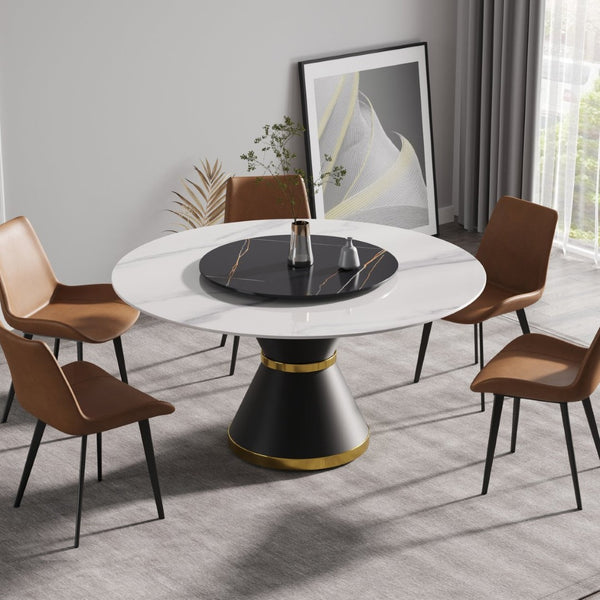 English Elm 59.05Modern Sintered Stone Round Dining Table with Lazy Susan Seats Six Carbon Base W1535S00654
