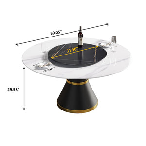 English Elm 59.05Modern Sintered Stone Round Dining Table with Lazy Susan Seats Six Carbon Base W1535S00654