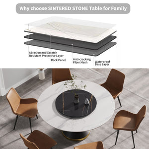 English Elm 59.05Modern Sintered Stone Round Dining Table with Lazy Susan Seats Six Carbon Base W1535S00654