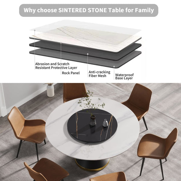 English Elm 59.05Modern Sintered Stone Round Dining Table with Lazy Susan Seats Six Carbon Base W1535S00654