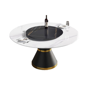 English Elm 59.05Modern Sintered Stone Round Dining Table with Lazy Susan Seats Six Carbon Base W1535S00654
