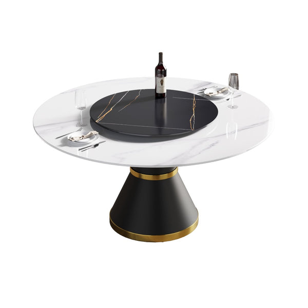 English Elm 59.05Modern Sintered Stone Round Dining Table with Lazy Susan Seats Six Carbon Base W1535S00654