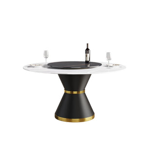 English Elm 59.05Modern Sintered Stone Round Dining Table with Lazy Susan Seats Six Carbon Base W1535S00654