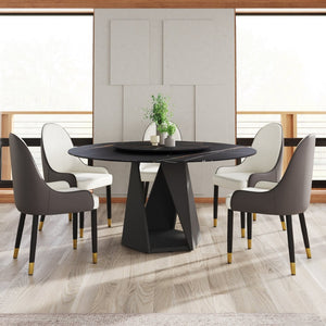 English Elm 59.05 Round Sintered Stone Dining Table Seats Eight with Lazy Susan and Iron Base W1535S00655