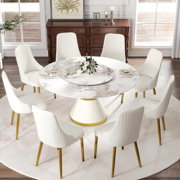 English Elm 59.05Modern Sintered Stone Round Dining Table Seats 8 with Sculptural Steel Pedestal Base W1535S00656