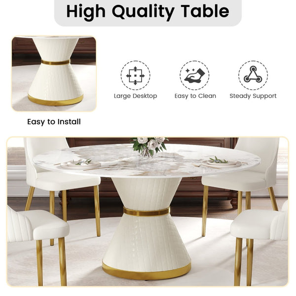English Elm 59.05Modern Sintered Stone Round Dining Table Seats 8 with Sculptural Steel Pedestal Base W1535S00656