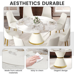 English Elm 59.05Modern Sintered Stone Round Dining Table Seats 8 with Sculptural Steel Pedestal Base W1535S00656