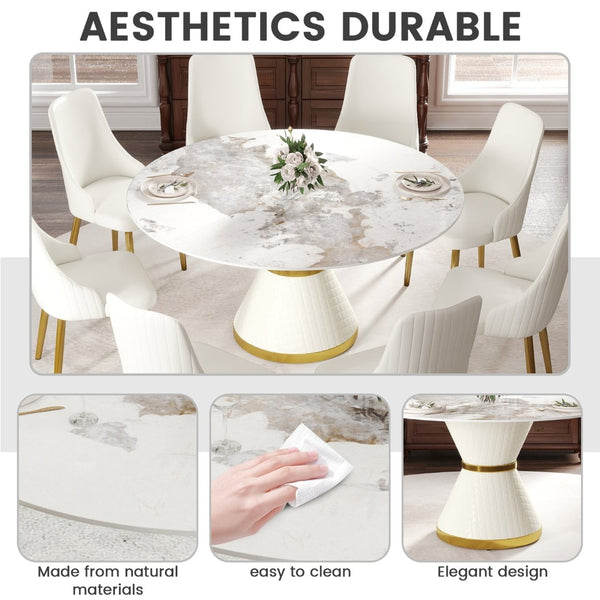 English Elm 59.05Modern Sintered Stone Round Dining Table Seats 8 with Sculptural Steel Pedestal Base W1535S00656