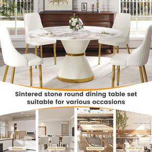 English Elm 59.05Modern Sintered Stone Round Dining Table Seats 8 with Sculptural Steel Pedestal Base W1535S00656
