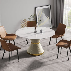 English Elm 53.15Modern Sintered Stone Round Dining Table Seats 6 with Sculptural Steel Pedestal W1535S00657