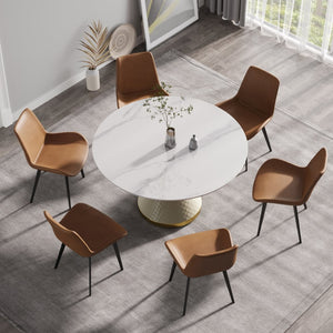 English Elm 53" Round Sintered Stone Dining Table Brass Base Lazy Susan Seats Six Modern W1535S00657
