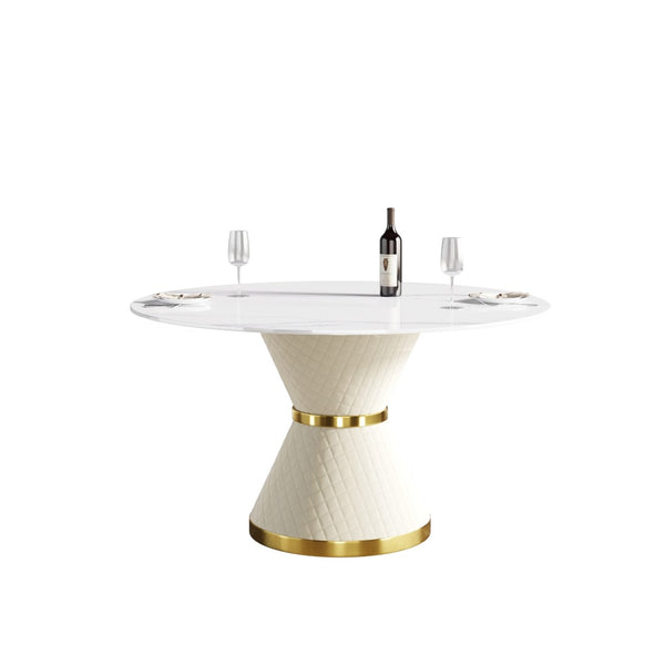 English Elm 53" Round Sintered Stone Dining Table Brass Base Lazy Susan Seats Six Modern W1535S00657