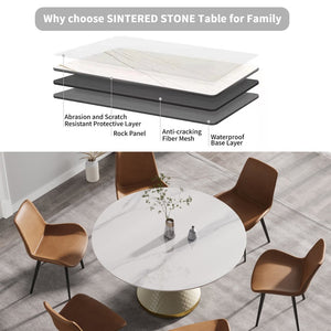 English Elm 53" Round Sintered Stone Dining Table Brass Base Lazy Susan Seats Six Modern W1535S00657