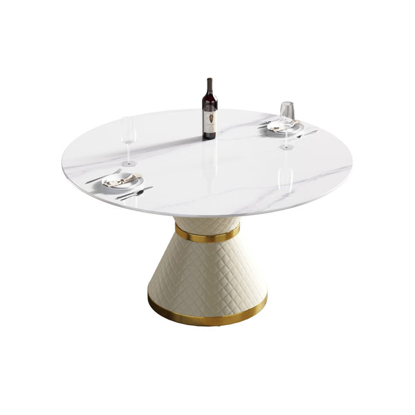 English Elm 53" Round Sintered Stone Dining Table Brass Base Lazy Susan Seats Six Modern W1535S00657