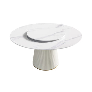 English Elm 59.05 Inch Round Sintered Stone Dining Table Seats 8 with Built in Rotating Lazy Susan W1535S00658