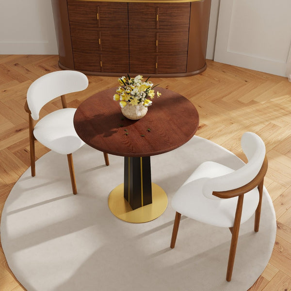 English Elm 80Cm Solid Walnut Round Dining Table with Polished Brass Base Seats Two Compact Spaces W1535S00661