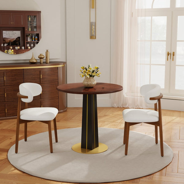 English Elm 80Cm Solid Walnut Round Dining Table with Polished Brass Base Seats Two Compact Spaces W1535S00661