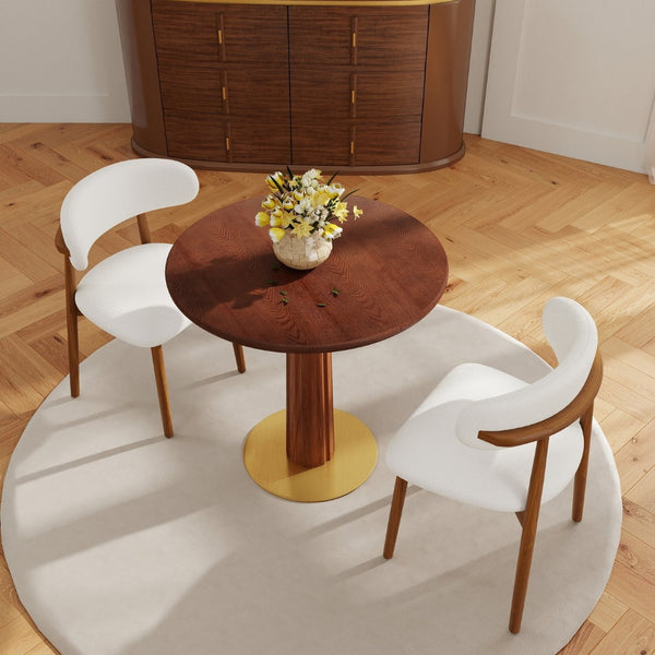 English Elm 80Cm Round Solid Wood Dining Table Brass Pedestal Base Retro Walnut Finish for Two W1535S00662