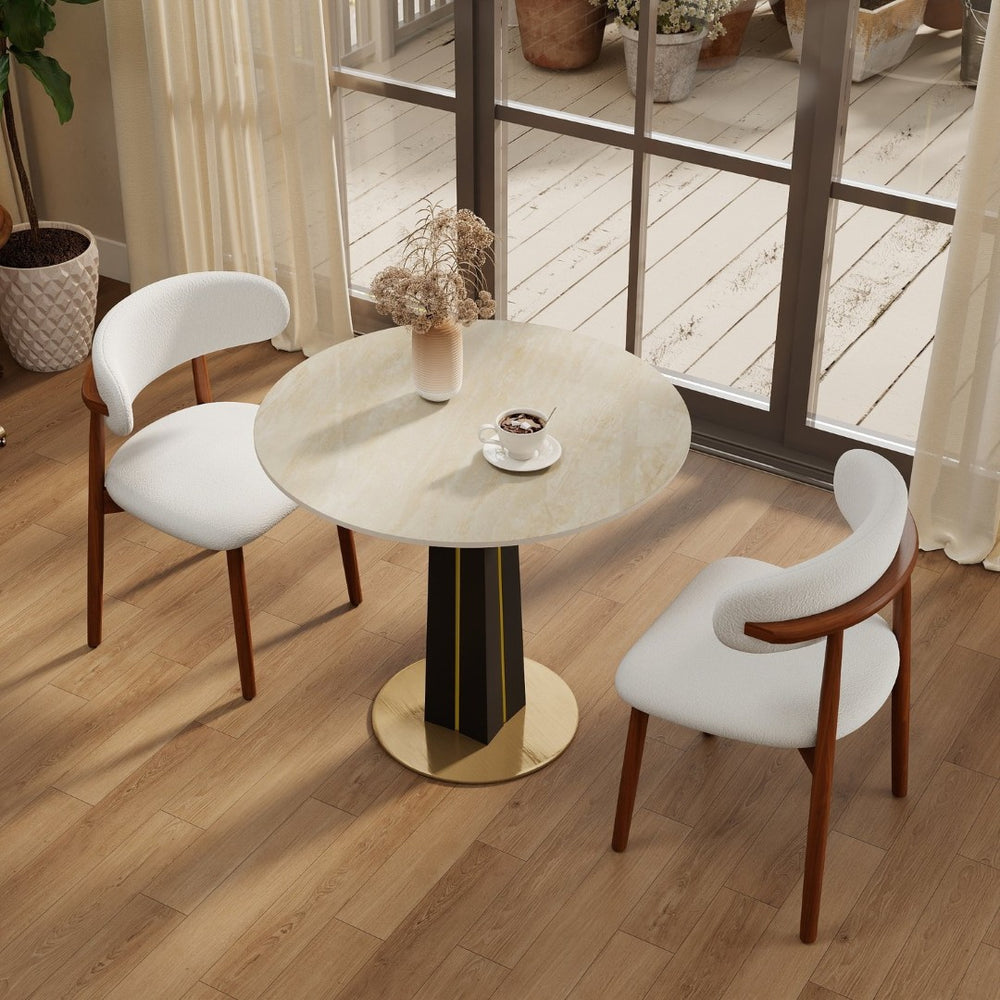 English Elm Modern Sintered Stone Round Dining Table Gold Base Wooden Leg Small Space Seating W1535S00666