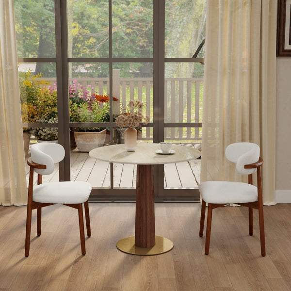 English Elm Modern Round Sintered Stone Dining Table with Wooden Leg and Gold Base for Two W1535S00667