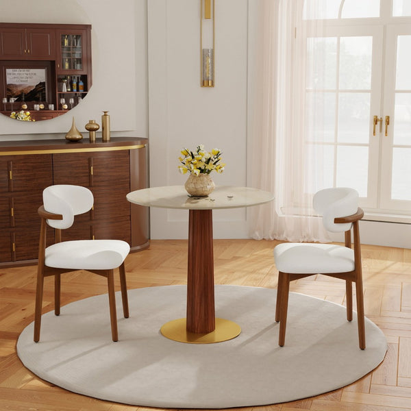 English Elm Modern Round Sintered Stone Dining Table with Wooden Leg and Gold Base for Two W1535S00667
