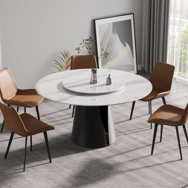 English Elm 59.05Modern Sintered Stone Round Dining Table with Lazy Susan Seats 6 Carbon Steel Base W1535S00674