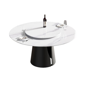 English Elm 59.05Modern Sintered Stone Round Dining Table with Lazy Susan Seats 6 Carbon Steel Base W1535S00674