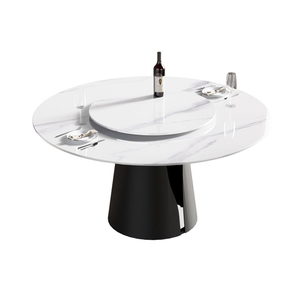 English Elm 59.05Modern Sintered Stone Round Dining Table with Lazy Susan Seats 6 Carbon Steel Base W1535S00674