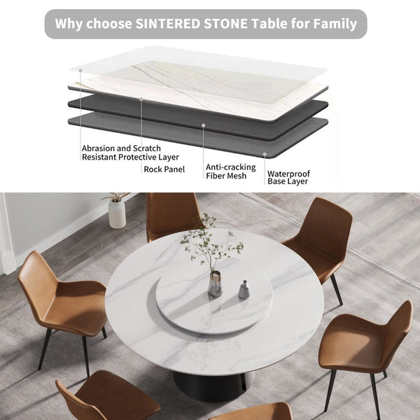English Elm 59.05Modern Sintered Stone Round Dining Table with Lazy Susan Seats 6 Carbon Steel Base W1535S00674