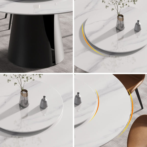 English Elm 59.05Modern Sintered Stone Round Dining Table with Lazy Susan Seats 6 Carbon Steel Base W1535S00674