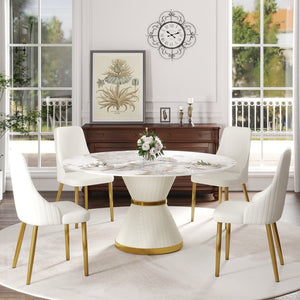 English Elm 59.05Modern Sintered Stone Round Dining Table Seats 6 with Sculptural Steel Pedestal Base W1535S00675