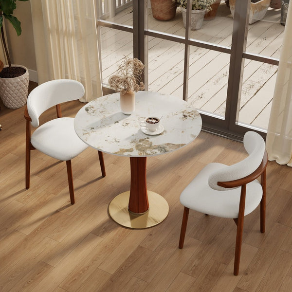English Elm Modern Round Sintered Stone Dining Table Gold Base Wooden Leg Compact 2 Seat W1535S00679