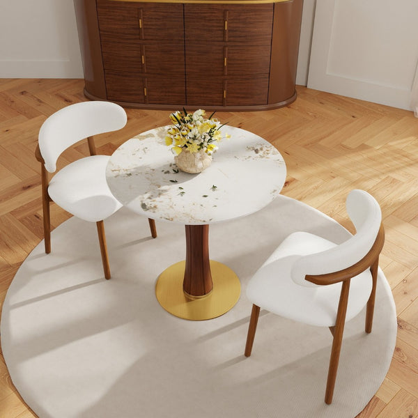 English Elm Modern Round Sintered Stone Dining Table Gold Base Wooden Leg Compact 2 Seat W1535S00679