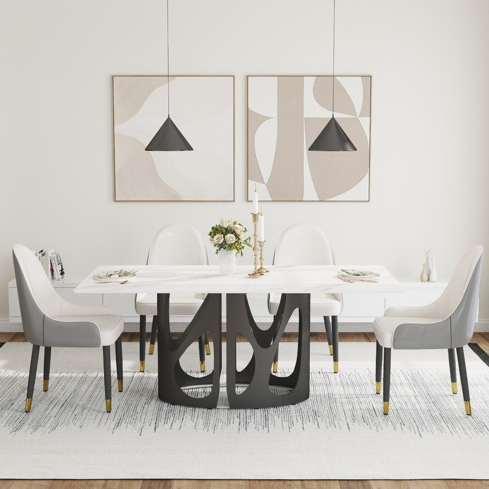 English Elm 70.86 Sintered Stone Rectangular Dining Table Seats 8 with Matte Black Iron Base W1535S00685
