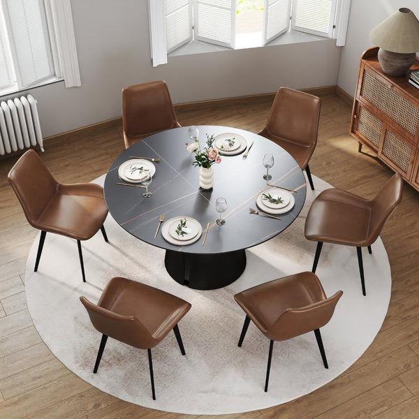 English Elm 53.15Modern Sintered Stone Round Dining Table Seats 6 with Carbon Steel Pedestal Base W1535S00690