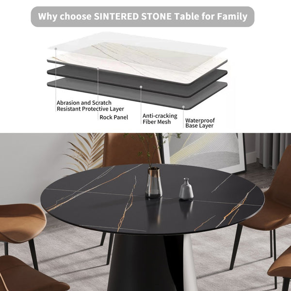English Elm 53.15Modern Sintered Stone Round Dining Table Seats 6 with Carbon Steel Pedestal Base W1535S00690