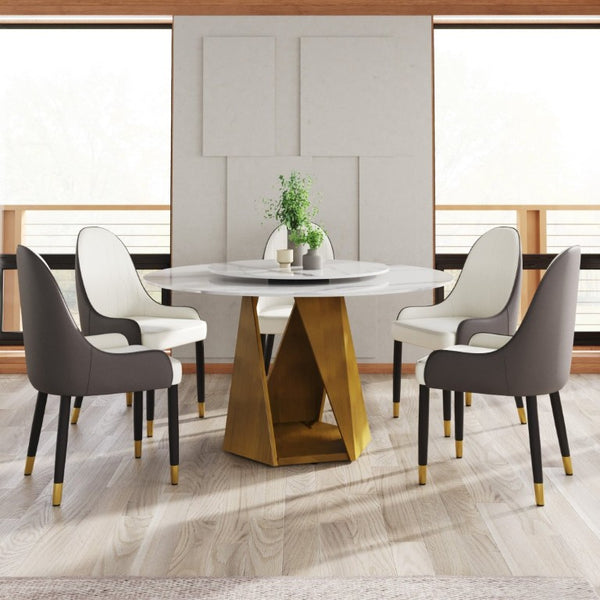 English Elm 53 Inch Round Sintered Stone Dining Table Bronze Pedestal Base Seats 6 with Turntable W1535S00693