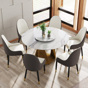 English Elm 53 Inch Round Sintered Stone Dining Table Bronze Pedestal Base Seats 6 with Turntable W1535S00693