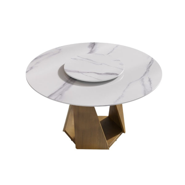 English Elm 53 Inch Round Sintered Stone Dining Table Bronze Pedestal Base Seats 6 with Turntable W1535S00693