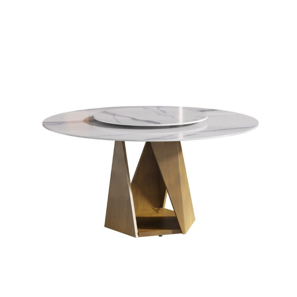 English Elm 53 Inch Round Sintered Stone Dining Table Bronze Pedestal Base Seats 6 with Turntable W1535S00693