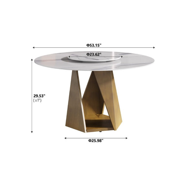English Elm 53 Inch Round Sintered Stone Dining Table Bronze Pedestal Base Seats 6 with Turntable W1535S00693