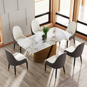 English Elm 70.86 Sintered Stone Dining Table Seats 8 Marble Look Bronze Iron Base Modern W1535S00695