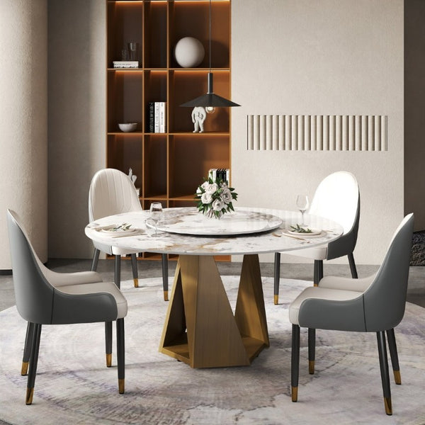 English Elm 59.05 Round Sintered Stone Dining Table Bronze Pedestal Base with Rotating Turntable Seats 8 W1535S00699