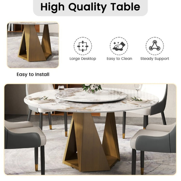 English Elm 59.05 Round Sintered Stone Dining Table Bronze Pedestal Base with Rotating Turntable Seats 8 W1535S00699
