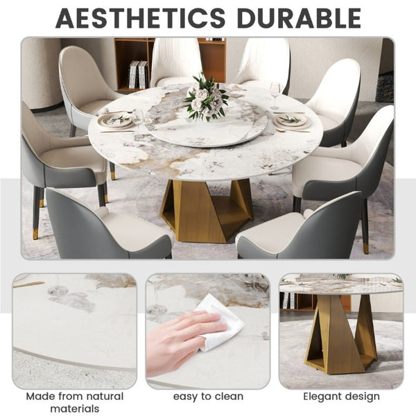 English Elm 59.05 Round Sintered Stone Dining Table Bronze Pedestal Base with Rotating Turntable Seats 8 W1535S00699